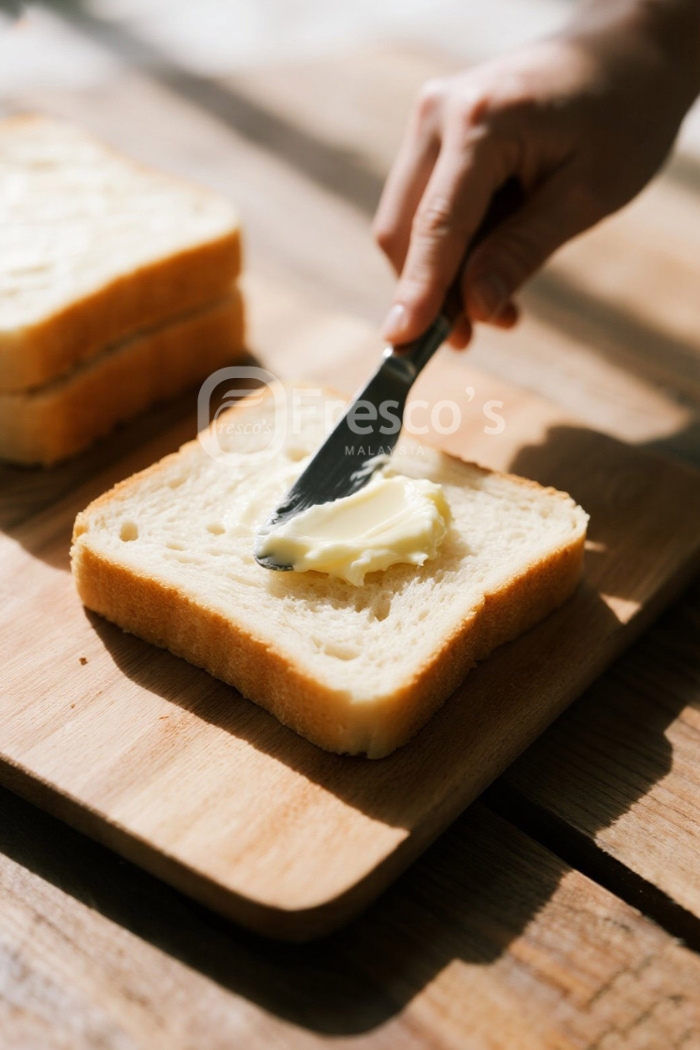 A hand spreads butter on a slice of white bread with a knife on a wooden cutting board, perfect for pairing with soft boiled eggs or your favorite egg cooker recipe.