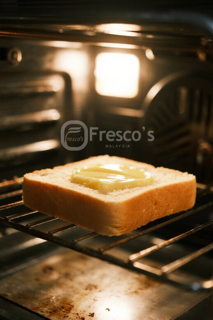 A slice of bread with melted butter sits on an oven rack under a light, toasting—perfect for pairing with soft boiled eggs for a classic eggs toast breakfast.