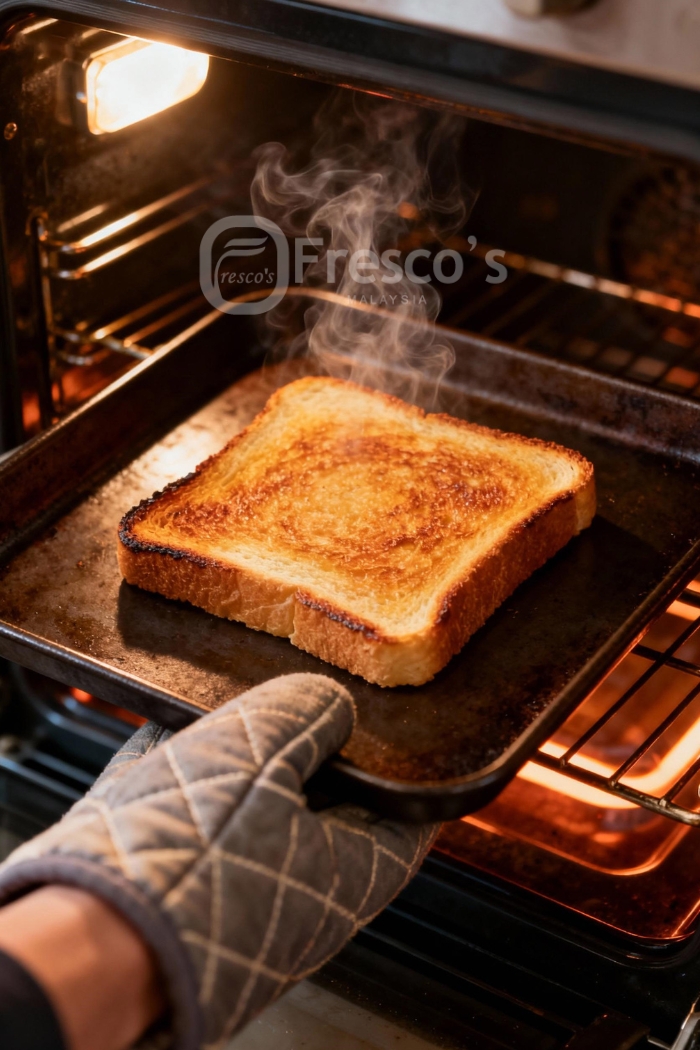 A gloved hand holds a tray with a single slice of toasted bread inside an oven, with visible steam rising—perfect for pairing with soft boiled eggs prepared using your favorite Egg Cooker recipe.