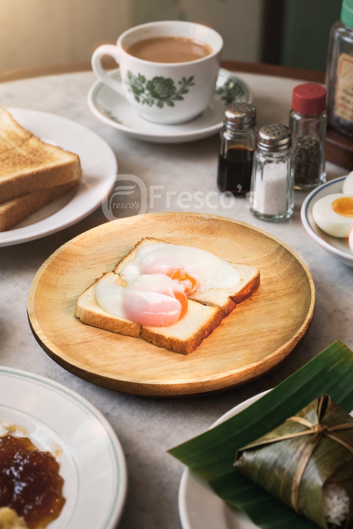 A plate with eggs toast—two soft-boiled eggs atop crisp slices—sits beside coffee and condiments, making for a classic breakfast. Perfect as an Egg Cooker recipe, ready to start your morning right.