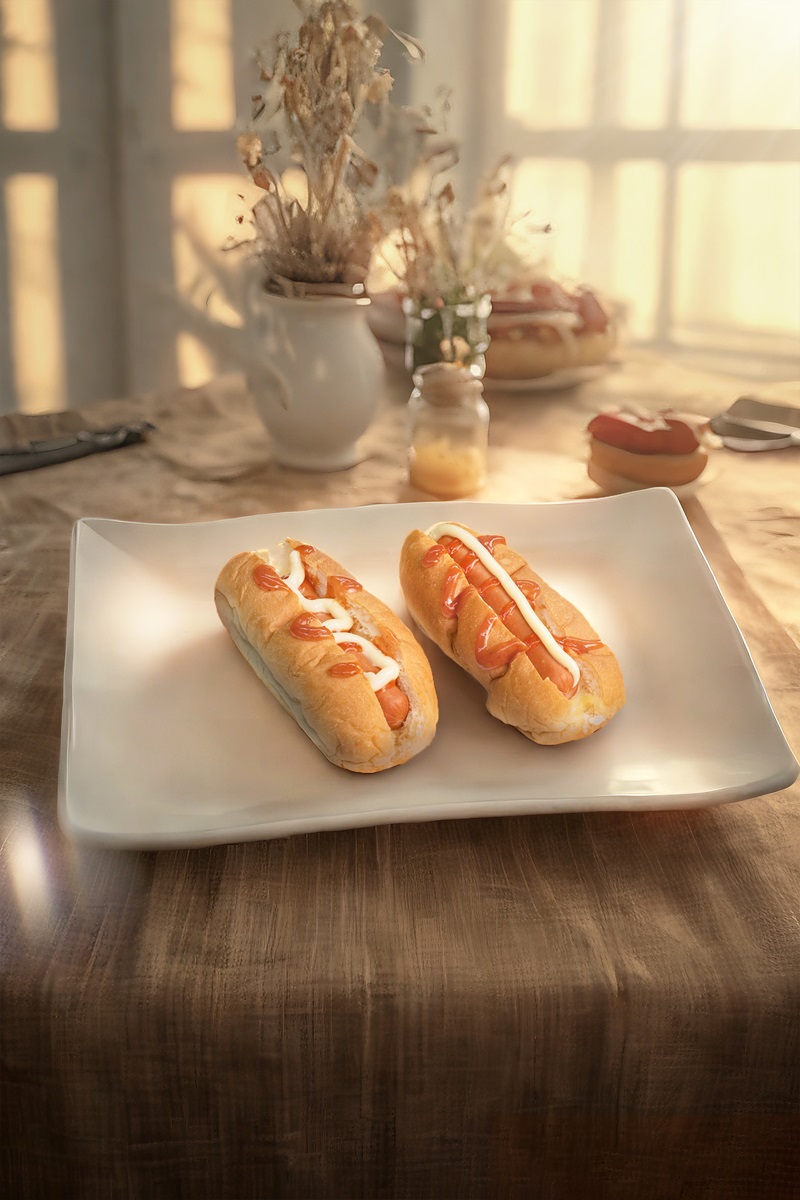 Two hot dogs with ketchup and mayonnaise on a white plate sit atop a beige tablecloth, sunlight streaming in—perfect inspiration if you're looking for how to make hotdogs or enjoy classic hotdog Malaysia style at home.