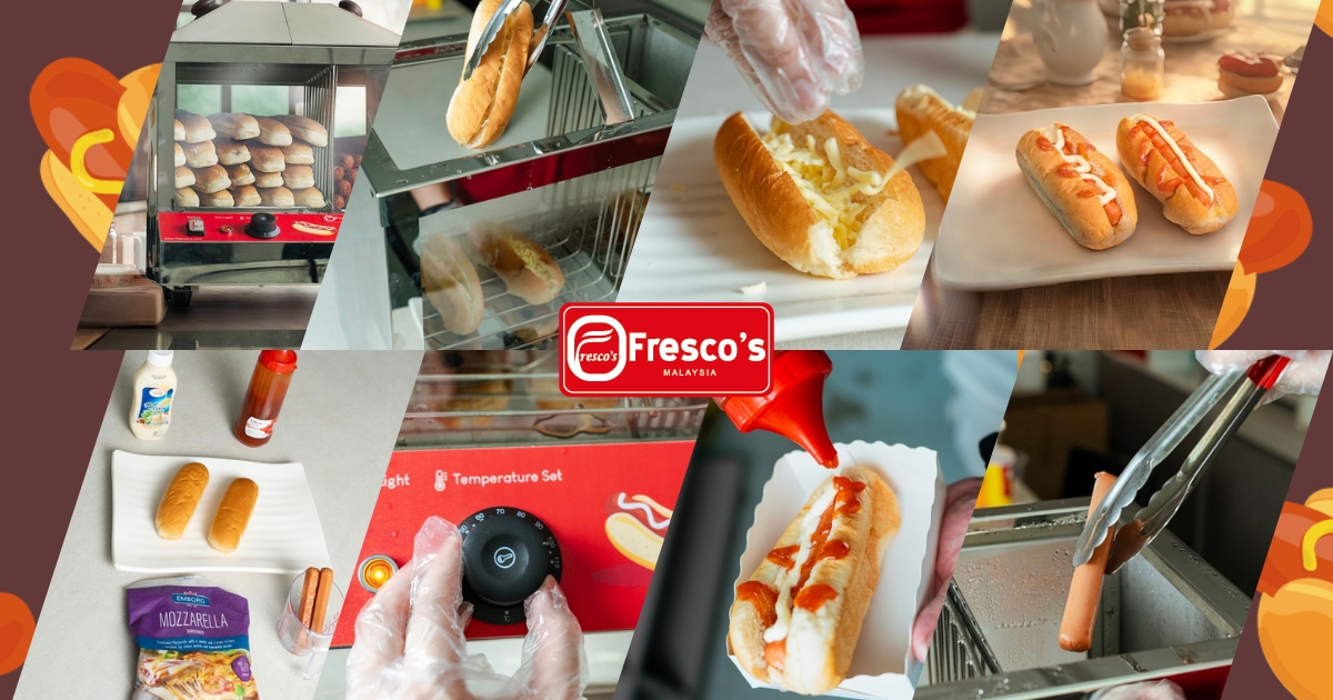 A collage showing hot dogs being prepared, including buns in a warmer, sausages being placed in buns, and toppings added—plus a glimpse of a waffle ball machine—all centered around the Fresco’s Malaysia logo.