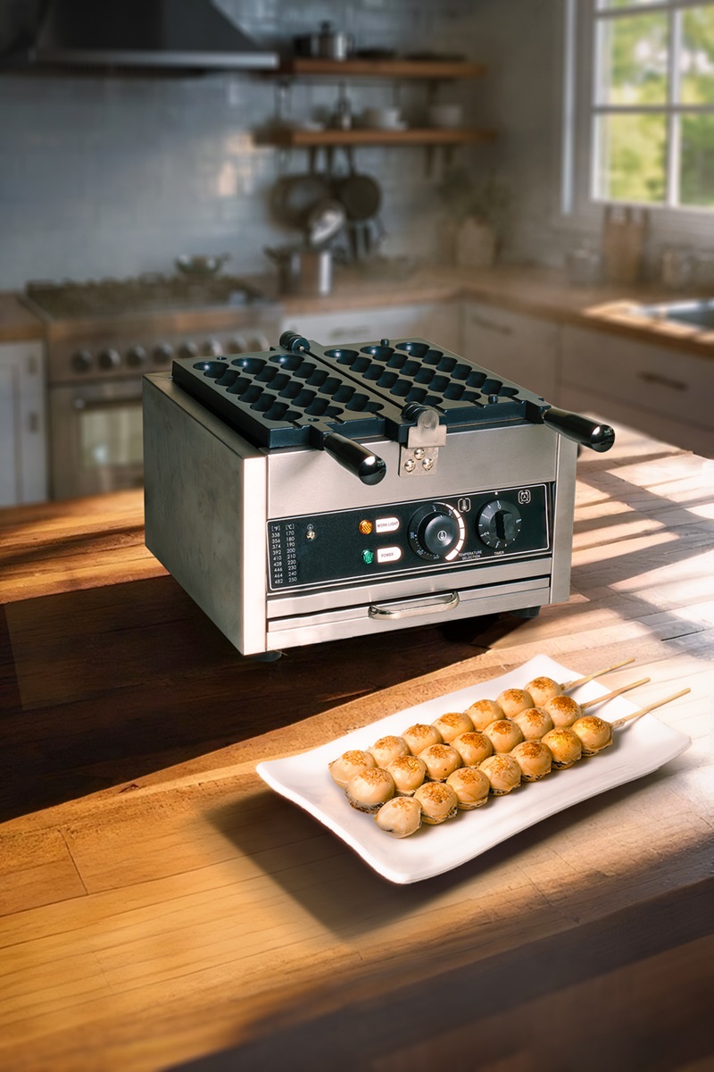 A waffle ball machine sits on a kitchen counter with a plate of crispy waffle balls skewered and ready to enjoy placed in front of it.