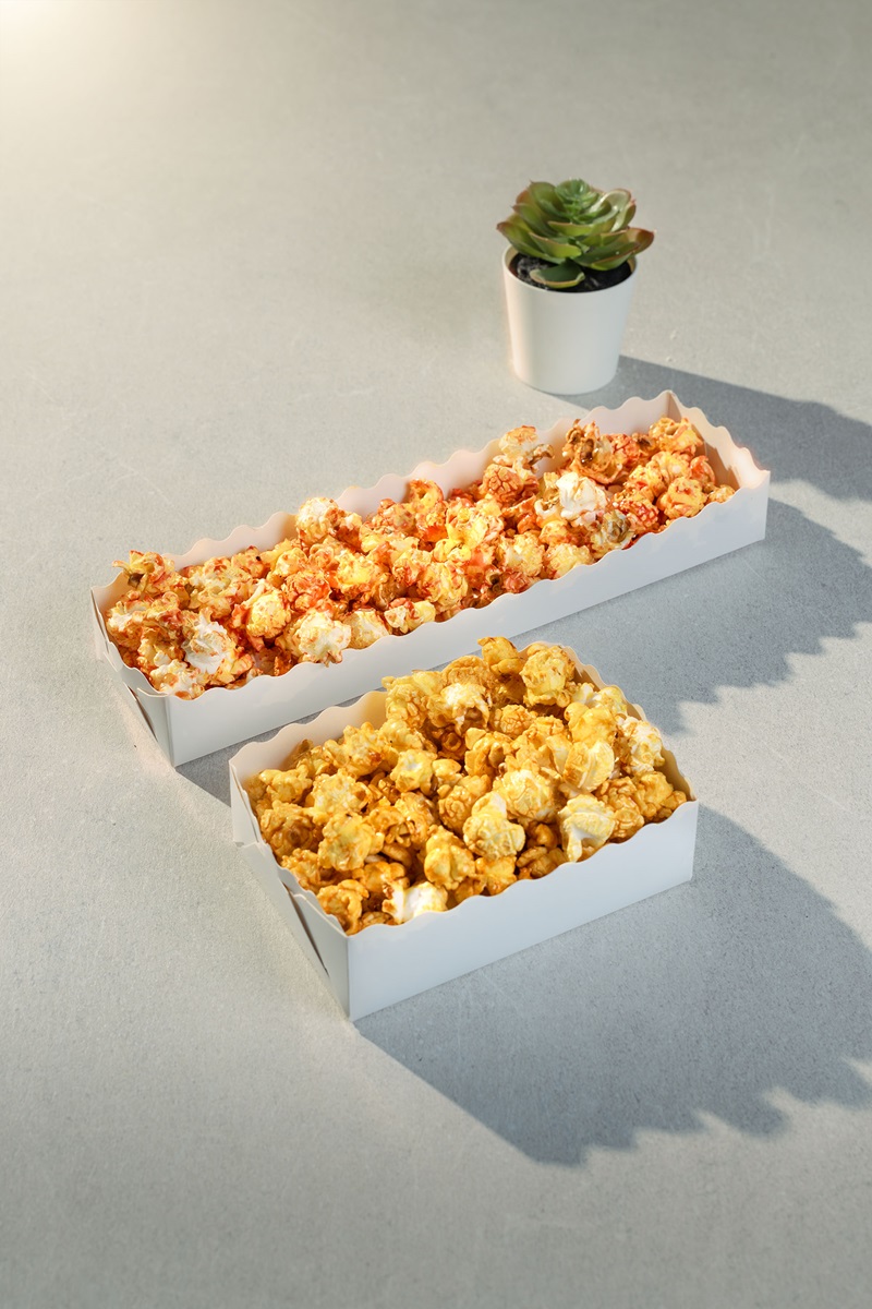 Two rectangular boxes of popcorn, one with cheese and one with caramel flavor, placed on a light surface next to a small potted succulent—perfectly popped using a Fresco popcorn maker.