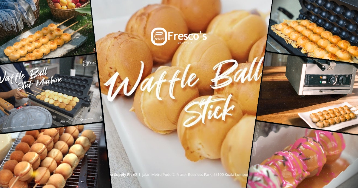Collage of images showing crispy waffle balls being made with a waffle ball machine, displayed on plates, topped with icing, and the equipment used for preparation, with "Waffle Ball Stick" text in the center.