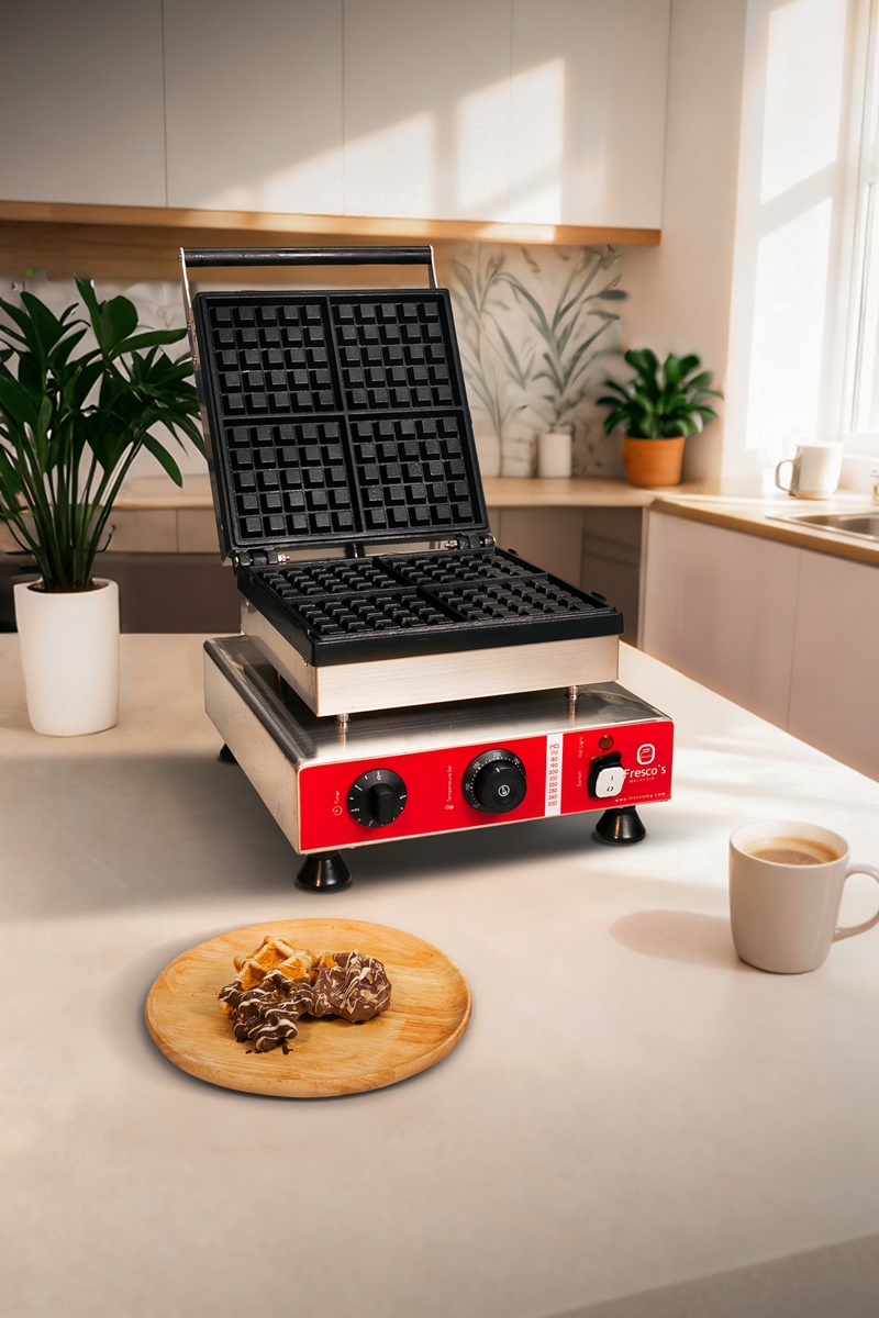 A Professional Croffle Maker with the lid open sits on a kitchen counter next to a plate of waffles and a mug, with plants and sunlight in the background.