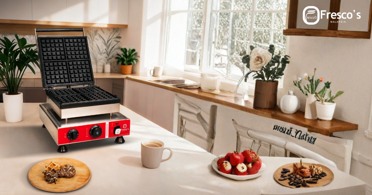 A commercial waffle maker sits on a kitchen counter next to plates of waffles, strawberries, assorted treats, and a gleaming Chocolate Fountain Machine in a bright, sunlit dining area.