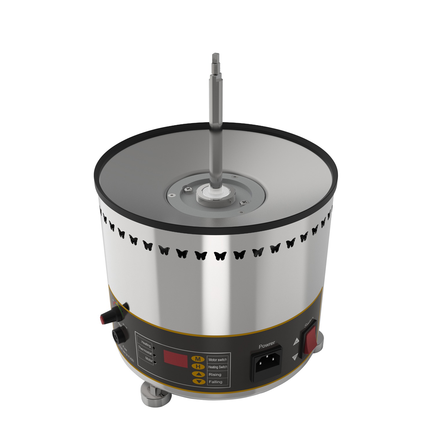 A laboratory heating mantle with digital controls, central probe, power switch, and display panel offers precise heating—similar to the Chocolate Fountain Machine 5 Tier Commercial Digital Version FRS-35A used for melting and maintaining chocolate flow.