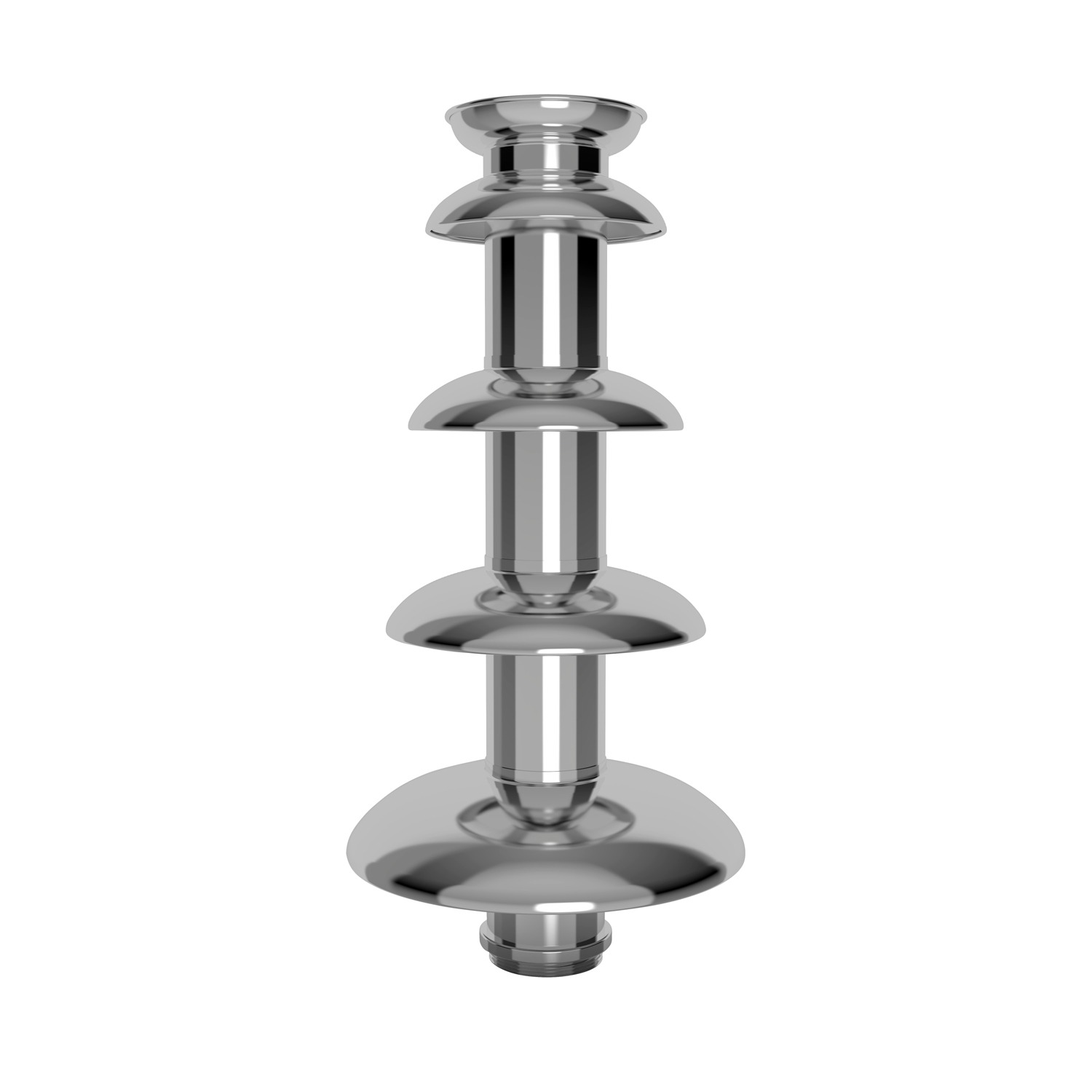 A metallic, symmetrical object with stacked flared discs, this design closely resembles the Chocolate Fountain Machine 5 Tier Commercial Digital Version FRS-35A used for decadent dessert displays.