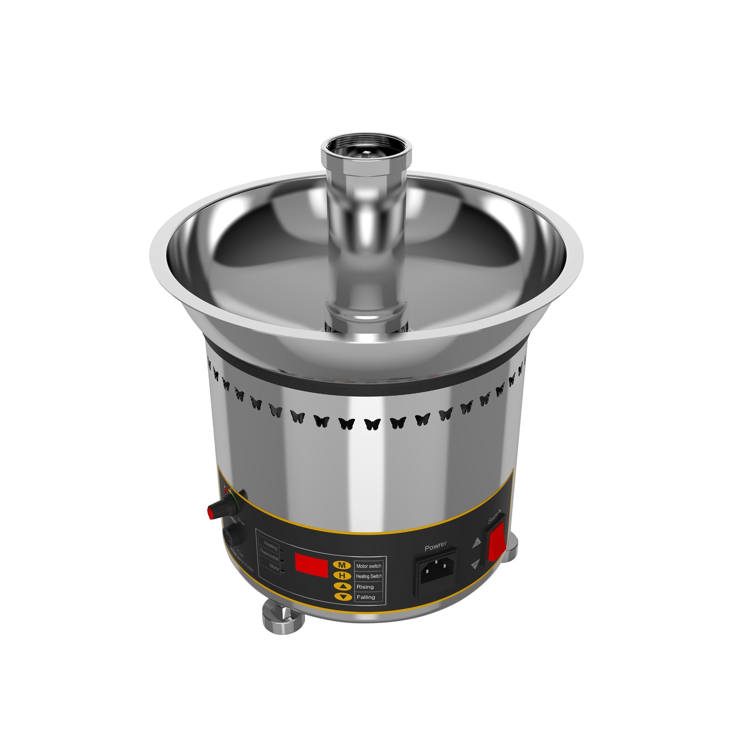 Pair the stainless steel cotton candy machine, featuring a central spinning head, control buttons, and front power switch, with the Chocolate Fountain Machine 5 Tier Commercial Digital Version FRS-35A for your next event.