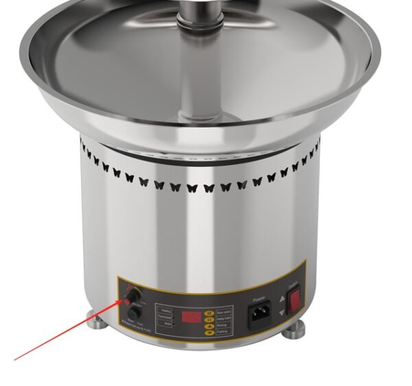 The Chocolate Fountain Machine 5 Tier Commercial Digital Version FRS-35A pairs perfectly with a commercial stainless steel cotton candy machine featuring a control panel and shallow bowl—ideal for all your events.