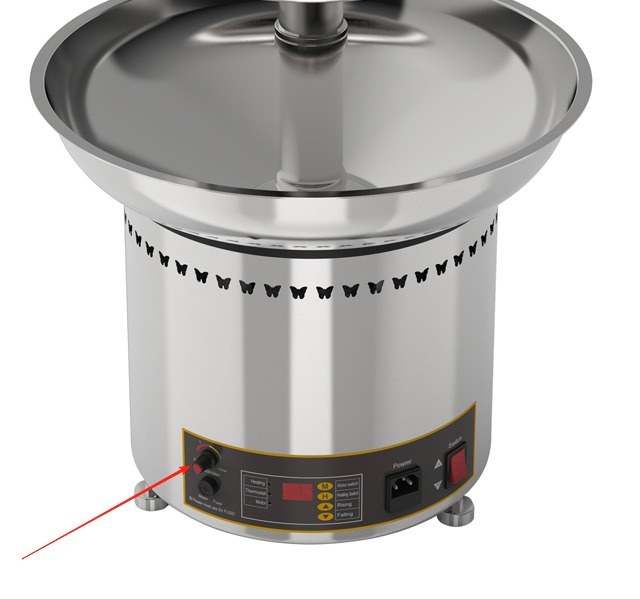 The Chocolate Fountain Machine 5 Tier Commercial Digital Version FRS-35A pairs perfectly with a commercial stainless steel cotton candy machine featuring a control panel and shallow bowl—ideal for all your events.