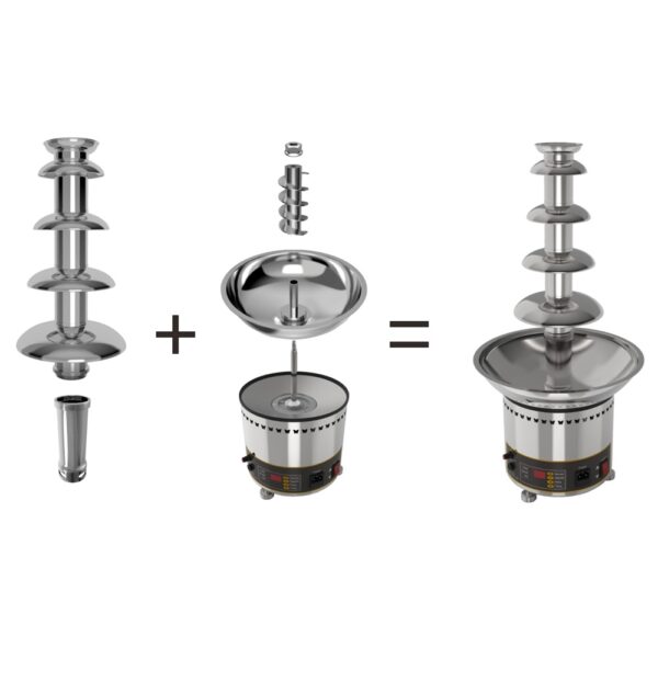 Exploded view of Chocolate Fountain Machine 5 Tier Commercial Digital Version FRS-35A: parts on the left, base in the center, and fully assembled fountain on the right.
