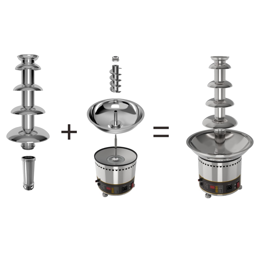 Exploded view of Chocolate Fountain Machine 5 Tier Commercial Digital Version FRS-35A: parts on the left, base in the center, and fully assembled fountain on the right.