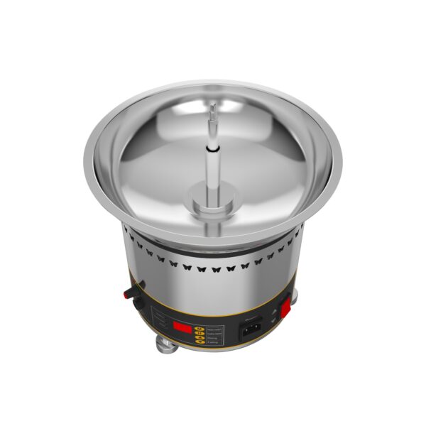 Pair the Chocolate Fountain Machine 5 Tier Commercial Digital Version FRS-35A with a stainless steel cotton candy maker featuring a round bowl, central spinning head, and digital controls—ideal for unforgettable events.
