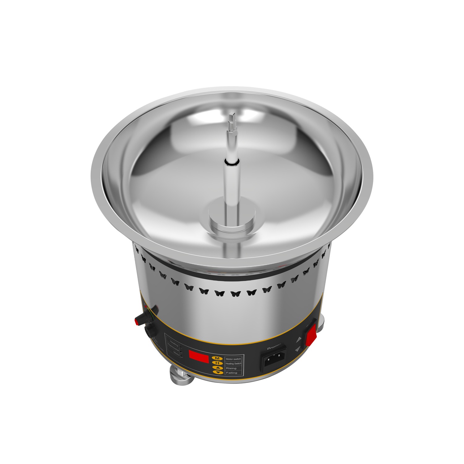 Pair the Chocolate Fountain Machine 5 Tier Commercial Digital Version FRS-35A with a stainless steel cotton candy maker featuring a round bowl, central spinning head, and digital controls—ideal for unforgettable events.