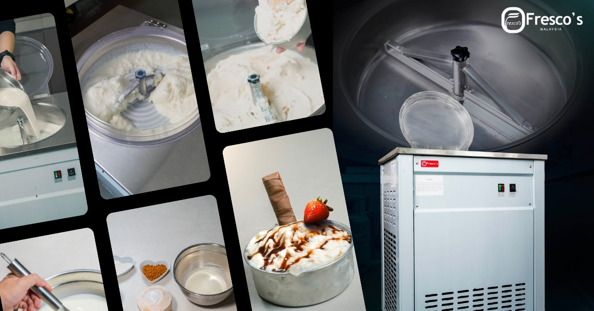 Collage showing the process of making gelato, from ingredients like soft boiled eggs to mixing in an industrial machine, with a finished bowl topped with chocolate, syrup, and a strawberry.