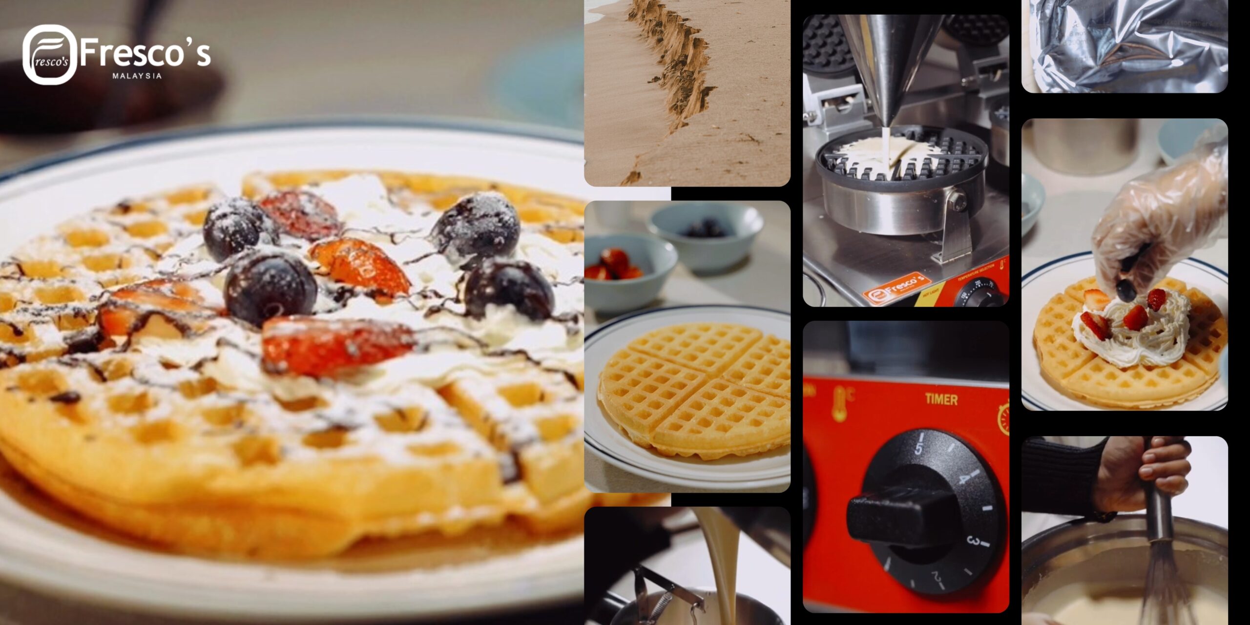 A collage shows waffles being prepared and served, featuring ingredients, cooking steps, equipment like a sorbet machine, and a finished waffle topped with fruit and cream, with the Fresco's brand logo in the corner.