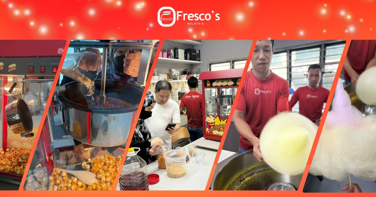 Five-panel image showing popcorn making, packaging, and cotton candy preparation by workers in red Fresco's Malaysia shirts using a can sealer machine in a busy food preparation area.