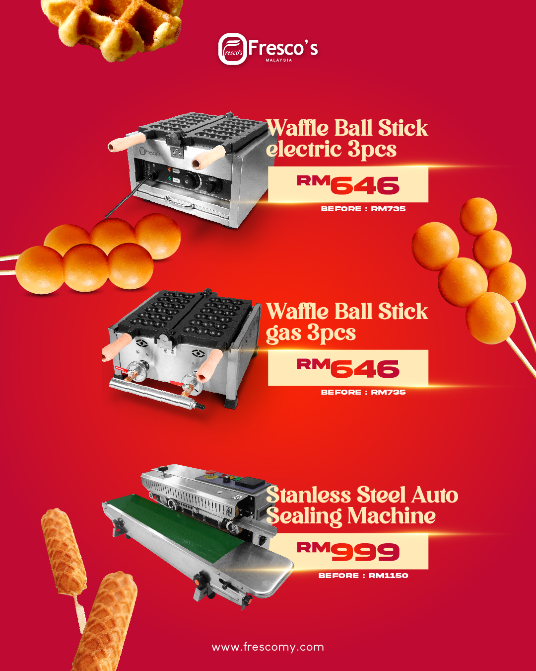 Promotional poster featuring a waffle machine sale by Fresco Malaysia: electric and gas waffle ball stick makers (3pcs) at RM646 each, and a stainless steel auto sealing machine at RM999.