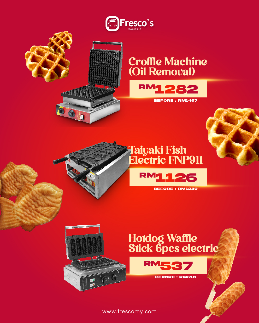Promotional poster for Fresco Malaysia Sale featuring three electric waffle machines with product images, prices, discount details, and matching waffles on a vibrant red background. Perfect for the ongoing waffle machine sale at Fresco!.