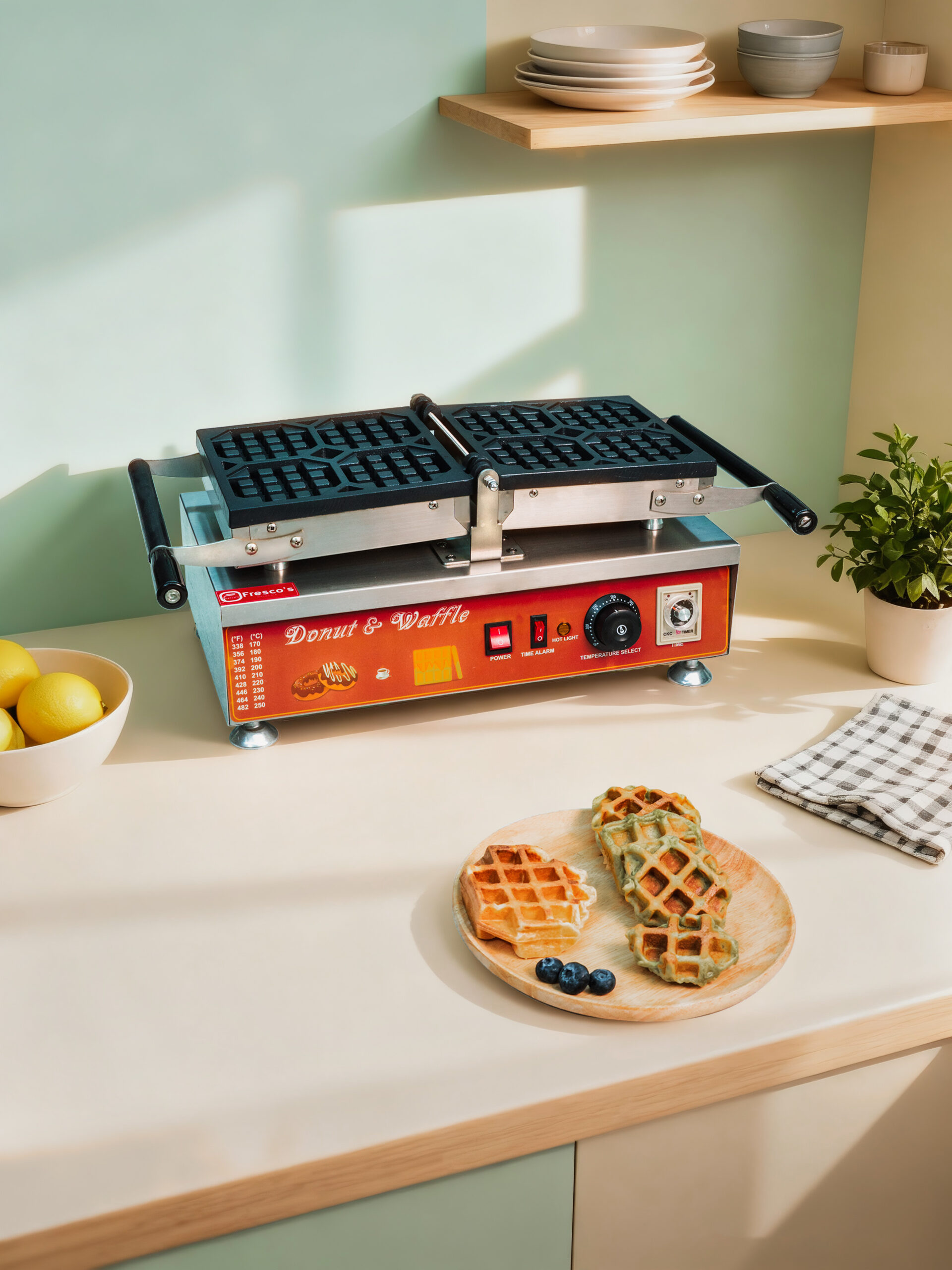 A commercial Eagle waffle maker sits on a kitchen counter beside a plate of waffles, blueberries, a bowl of lemons, stacked plates, and a potted plant.