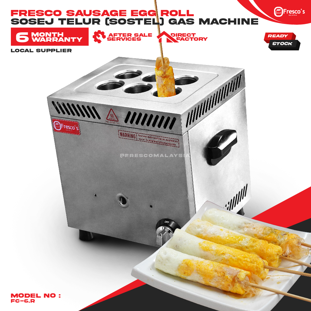 durable stainless steel construction The Sausage Egg Roll Sostel 6 Holes Gas Machine FC-6.R, made of stainless steel, is shown with cooked egg rolls on skewers both on a plate and inside the machine, with product details and branding visible.