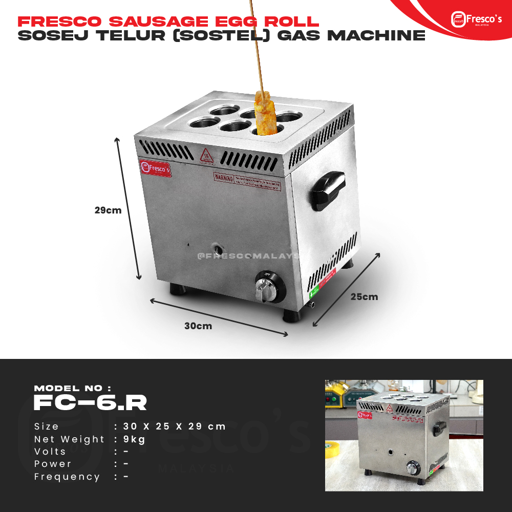 The Sausage Egg Roll Sostel 6 Holes Gas Machine FC-6.R features vertical cooking slots, control knobs, and stainless steel construction; dimensions and specs are included.