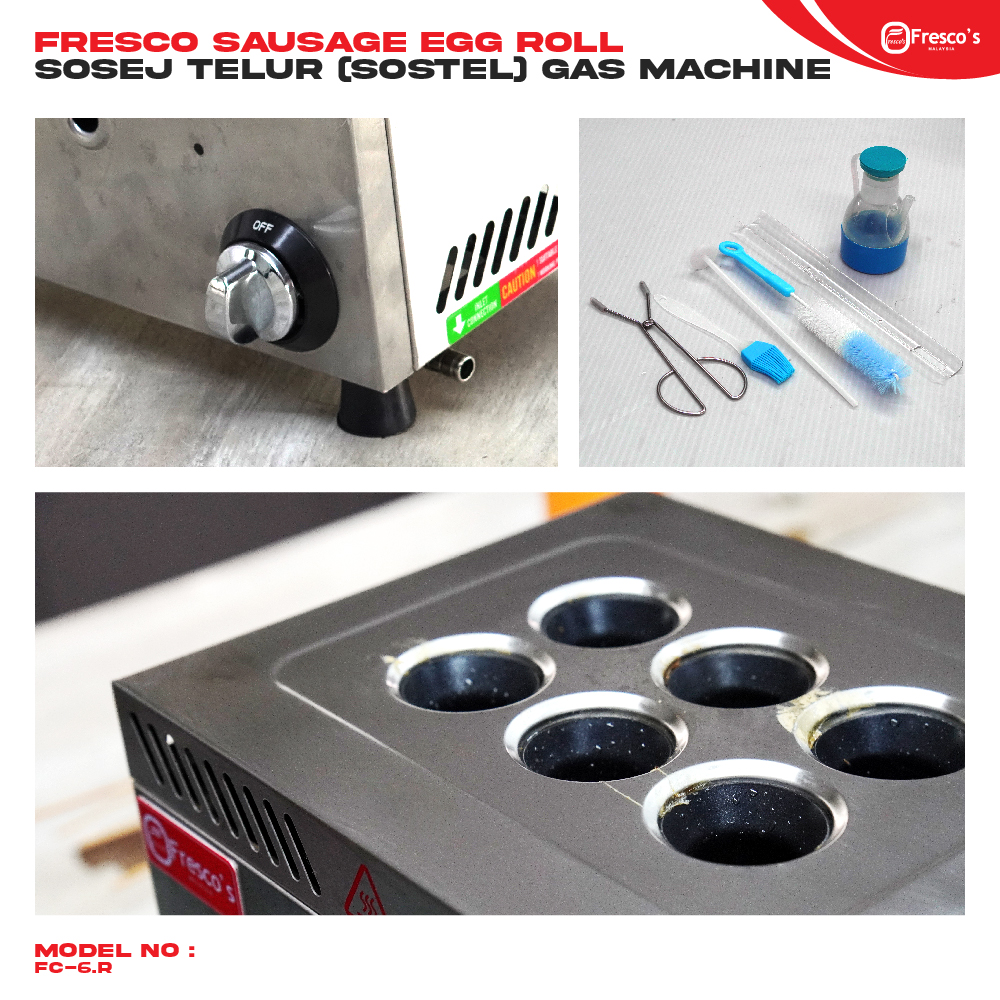 The Sausage Egg Roll Sostel 6 Holes Gas Machine FC-6.R by Fresco's features six circular molds, comes with cleaning brushes and a vial of blue liquid, and is constructed from stainless steel.