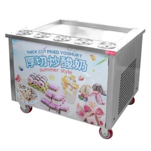 The Commercial Fried Yogurt Ice Cream Roll Machine 1800W FRYICE-2 features a stainless steel design, wheels for easy mobility, and a sign displaying rolled yogurt desserts with English and Chinese text.