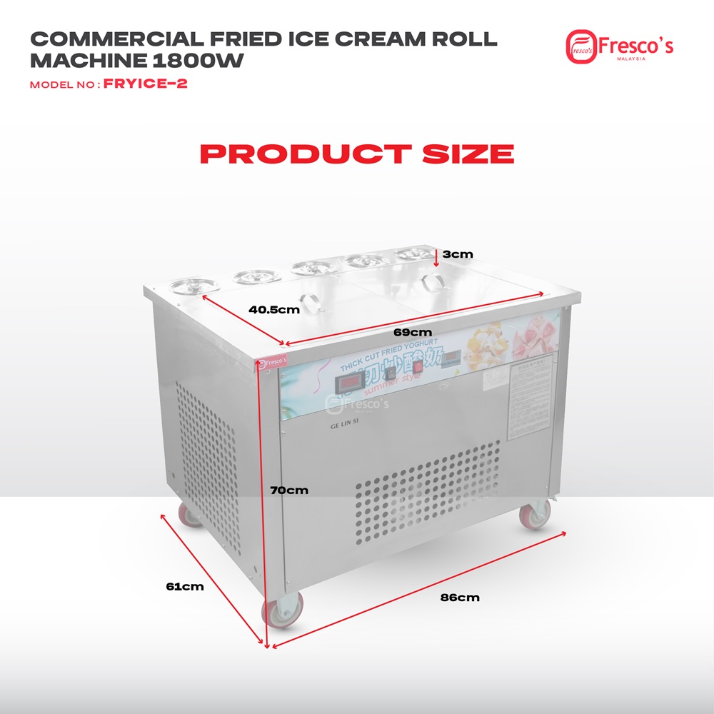 Commercial Fried Yogurt Ice Cream Roll Machine 1800W FRYICE-2, measuring 86x61x70 cm with a 69x40.5 cm top and 13 cm bowl diameter—ideal for efficient ice cream roll preparation.