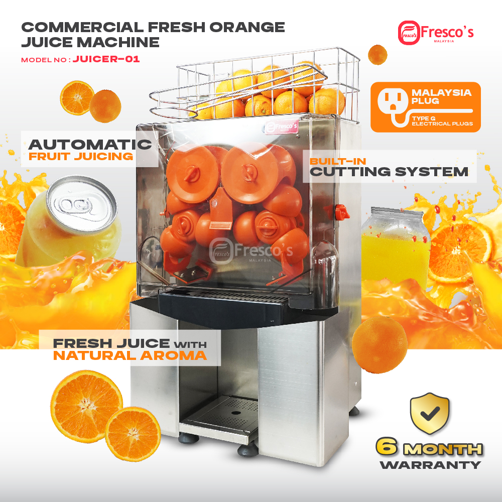 beverage The Fully Automatic Orange Juice Machine JUICER-01 efficiently processes whole oranges with a built-in cutting system, Malaysia plug, 6-month warranty, and displays fresh juice and oranges.