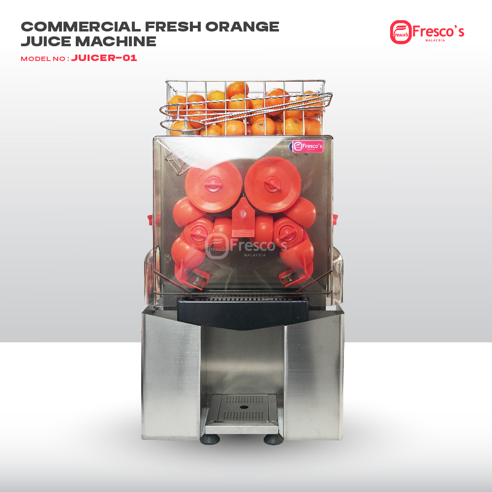 Front view of the Fully Automatic Orange Juice Machine JUICER-01, crafted from stainless steel and filled with whole oranges—ideal for efficient fresh juice production.
