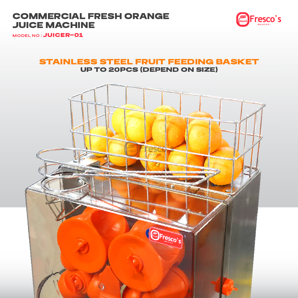 The Fully Automatic Orange Juice Machine JUICER-01 features a stainless steel fruit basket for holding oranges on top and visible orange juicing mechanisms inside.