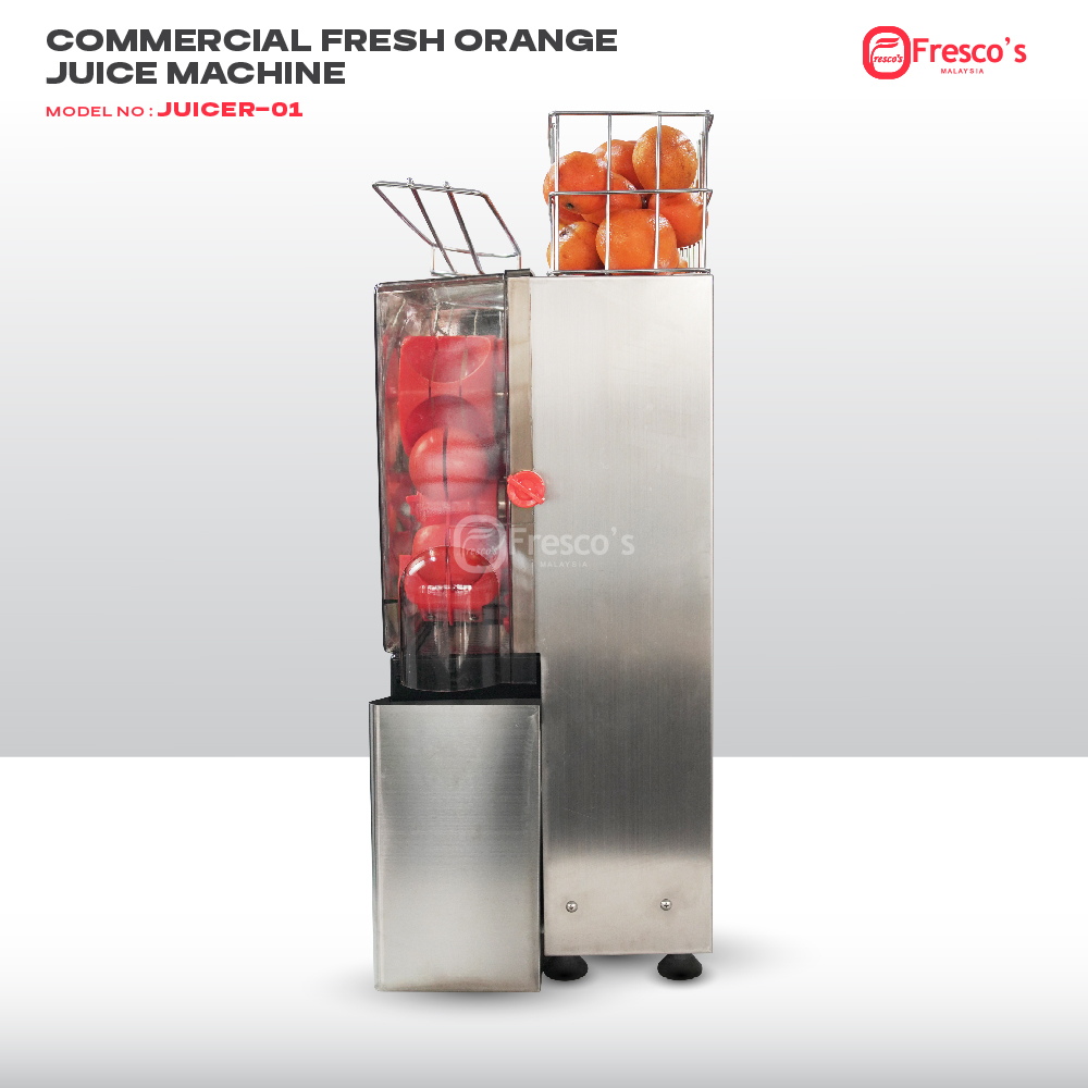 The Fully Automatic Orange Juice Machine JUICER-01, made of stainless steel, is filled with whole oranges, displaying a premium commercial juicer against a plain background.