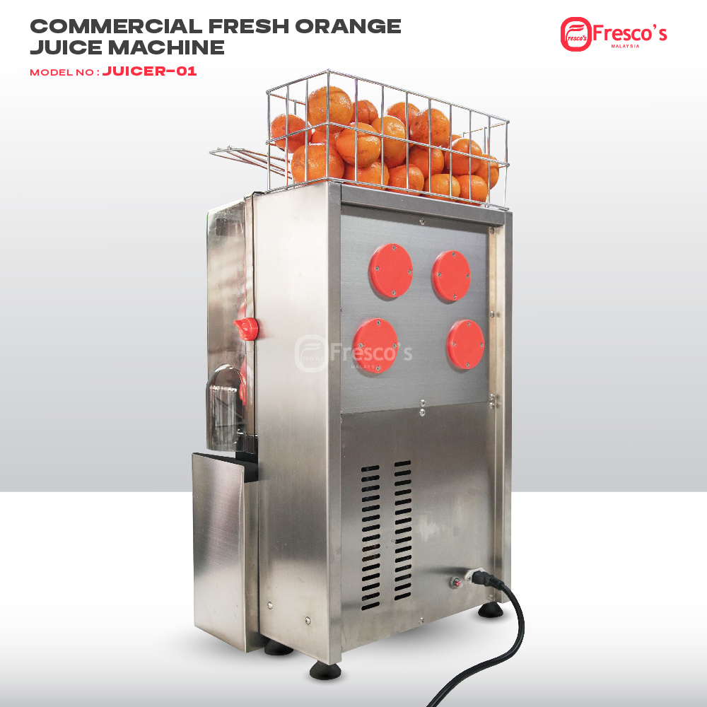 The Fully Automatic Orange Juice Machine JUICER-01 is a stainless steel juicer with a top basket for oranges, juice outlet, and electrical cord—ideal for commercial use.