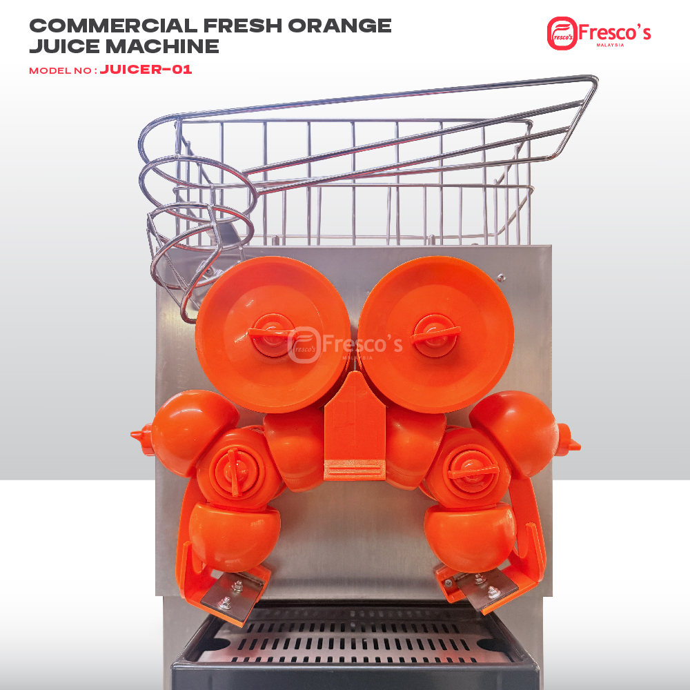 Front view of the Fully Automatic Orange Juice Machine JUICER-01, showing vibrant orange juicing parts and a metal basket on top.