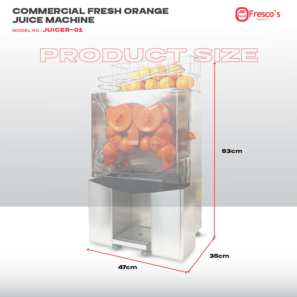 The Fully Automatic Orange Juice Machine JUICER-01 loads oranges on top and measures 83 cm (H) x 47 cm (W) x 35 cm (D).