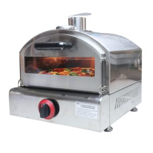 The Commercial Gas Pizza Oven FNP-14 features a stainless steel body, glass window showing a pizza baking inside, and a red front-mounted temperature control knob for precise heat adjustment.