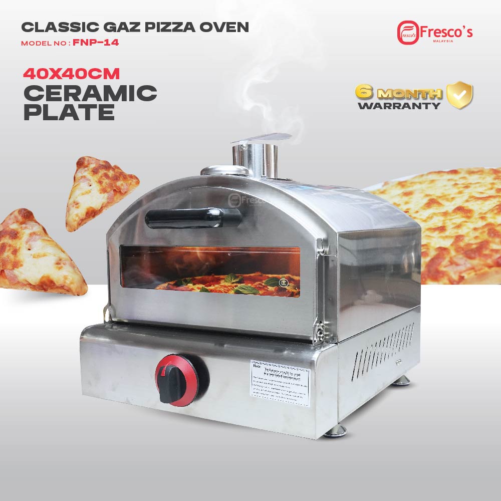 Build & Material Material Stainless Steel The Commercial Gas Pizza Oven FNP-14 features a 40x40cm ceramic plate, stainless steel finish, and a 6-month warrantyâperfect for baking delicious pizza in any setting. Fresh pizza slices are shown in the background.