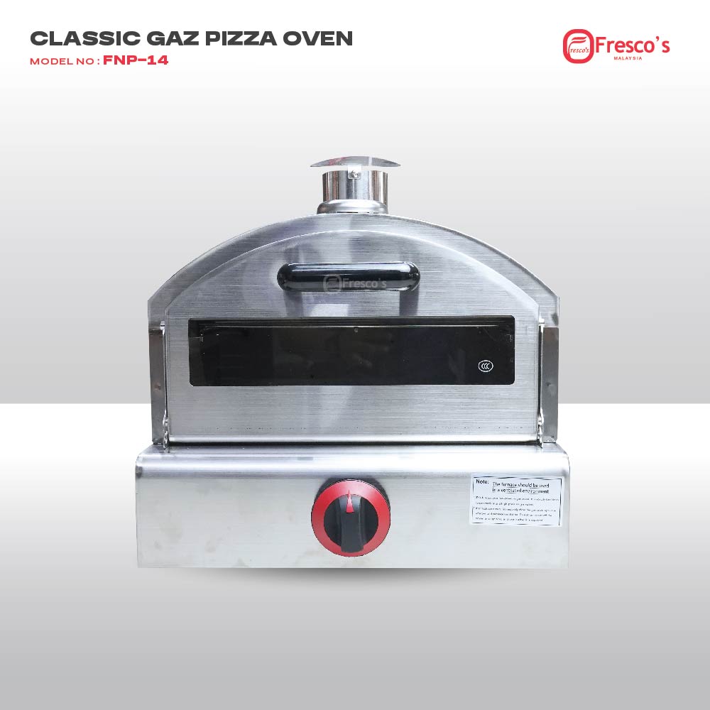 The Commercial Gas Pizza Oven FNP-14 features stainless steel construction, a front window, control knob, and Fresco’s branding—making this tabletop oven ideal for delivering professional-quality pizza results.