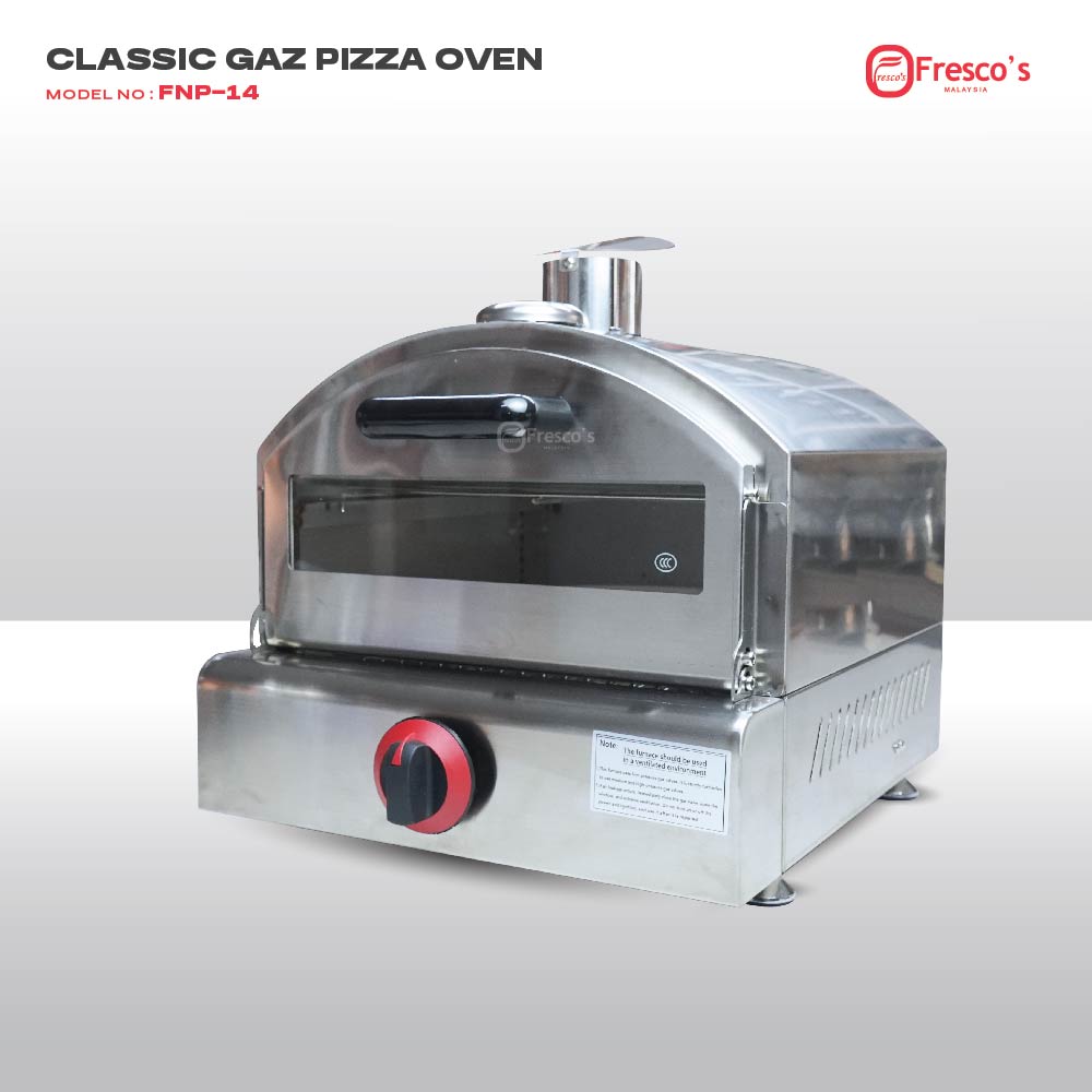 The Commercial Gas Pizza Oven FNP-14 features a stainless steel build, front glass window, and red temperature control knob. Classic Gaz model by Fresco’s.