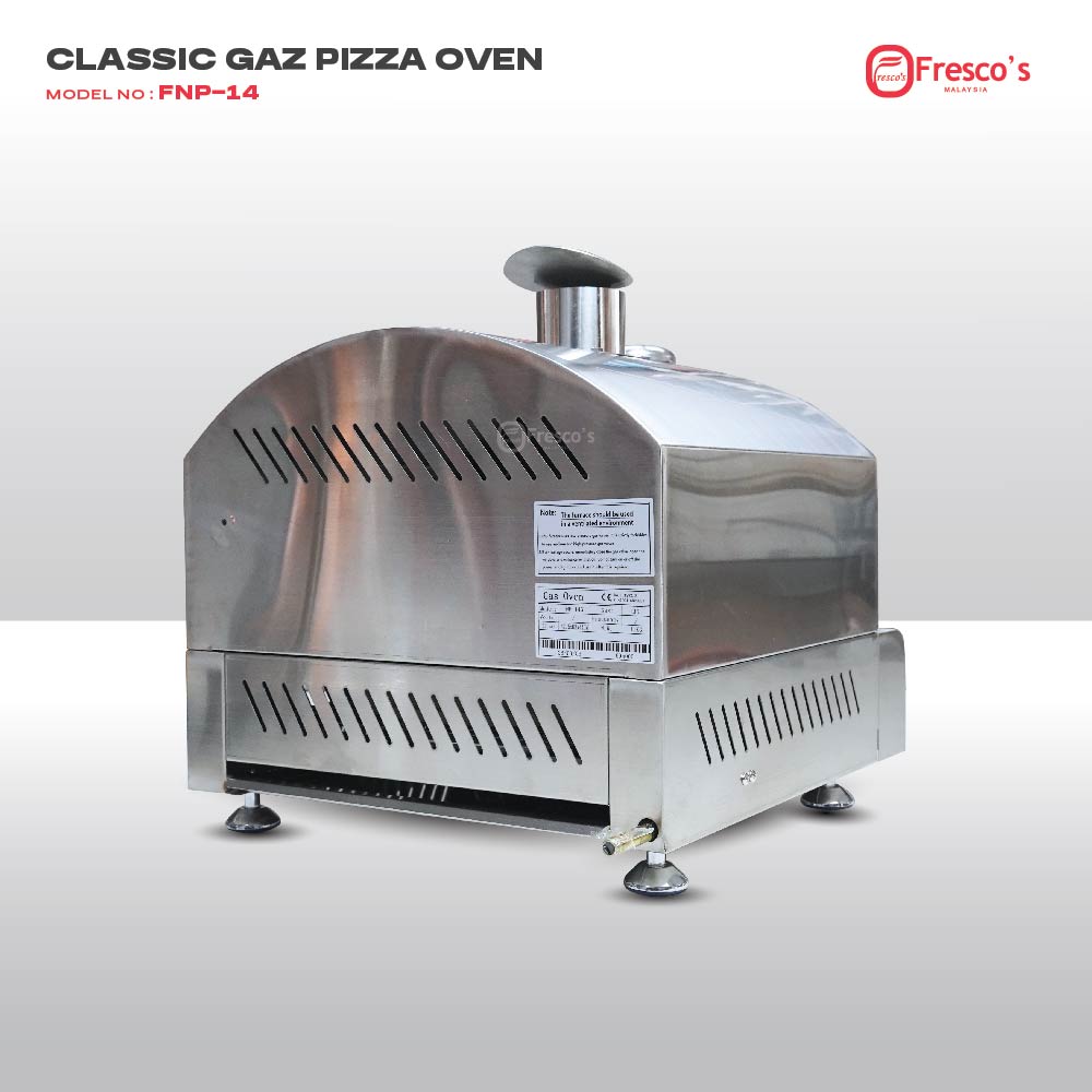 The Commercial Gas Pizza Oven FNP-14 is shown on a white background with visible product labels—crafted in stainless steel for superior performance and durability.