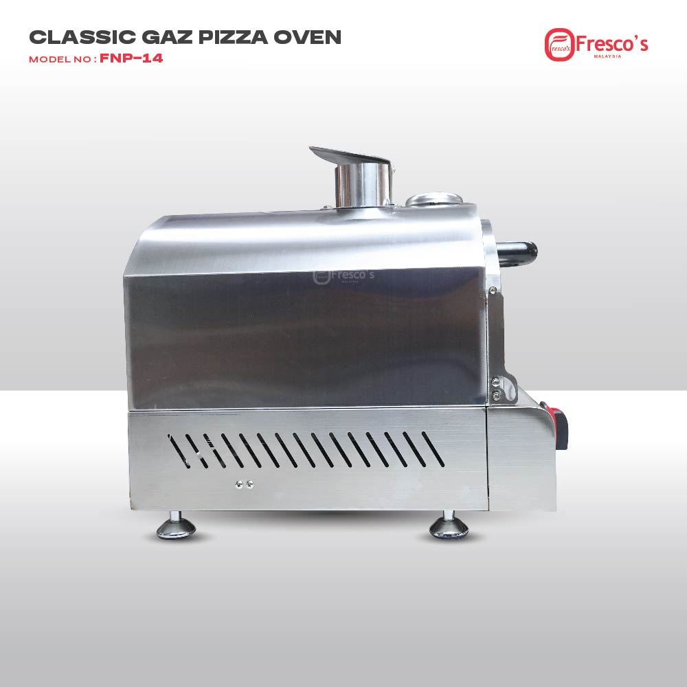 Side view of the Commercial Gas Pizza Oven FNP-14 in stainless steel, with a chimney and control knob, shown against a plain background.