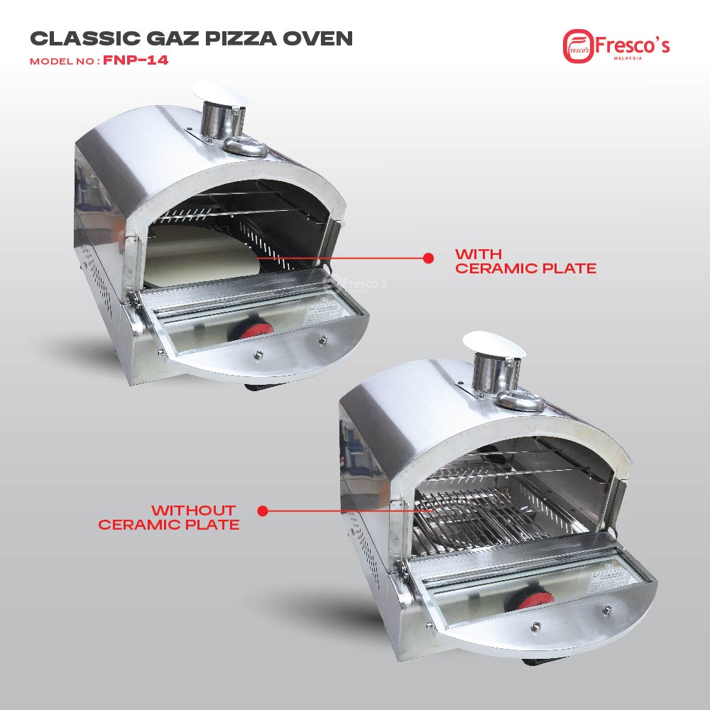 Two images of the Commercial Gas Pizza Oven FNP-14 are shown, showcasing its stainless steel design both with and without the included ceramic plate.