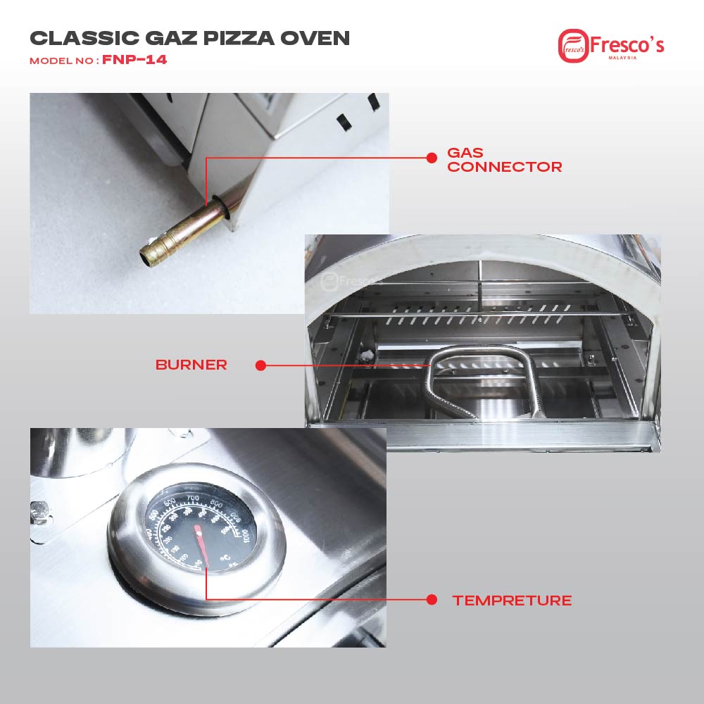 Image of the Commercial Gas Pizza Oven FNP-14 showing labeled gas connector, burner, and temperature gauge. Brand name Fresco’s appears in the top right—a premium choice for any commercial gas pizza oven setup.