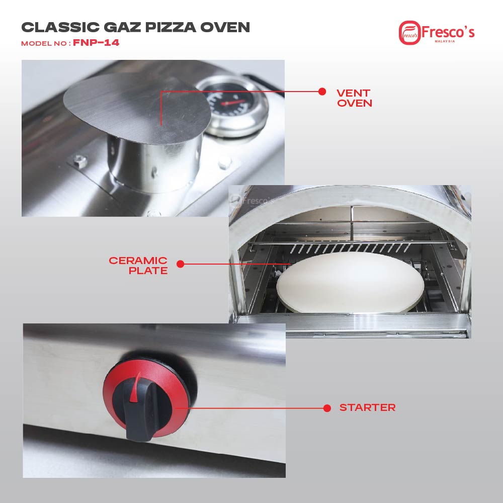 Close-up image of a stainless steel Commercial Gas Pizza Oven FNP-14, highlighting the vent, ceramic plate inside, and starter knob with clearly labeled parts.