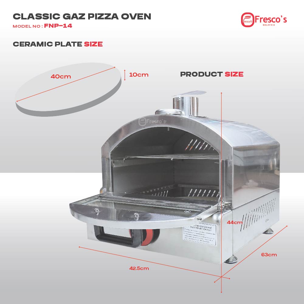 The Commercial Gas Pizza Oven FNP-14 features stainless steel construction, measures 63x44x42.5 cm, and includes a 40 cm diameter ceramic plate (10 cm height) for perfect pizza results.