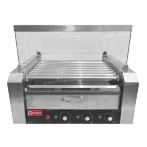 Hotdog Roller Grill With Bun Warmer FEHOT-9 featuring control knobs, a clear glass cover, an integrated bun warmer, and a Fresco's logo on the front panel.