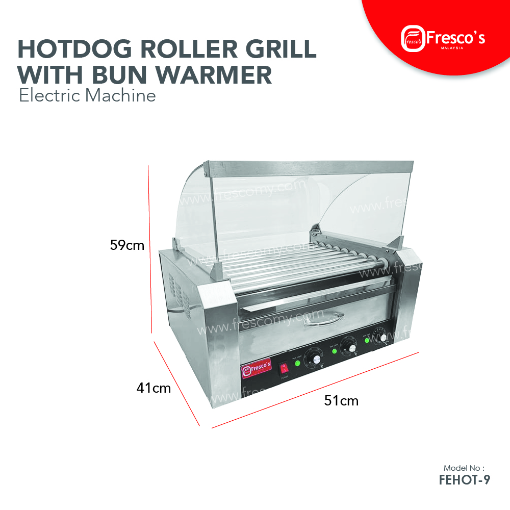 The Hotdog Roller Grill With Bun Warmer FEHOT-9 by Fresco's comes equipped with a built-in bun warmer, a clear glass cover, and an easy-to-use control panel to deliver perfectly heated hotdogs every time. Measuring 59cm high, 51cm wide, and 41cm deep, this stainless steel appliance is perfect for high-traffic food service settings.